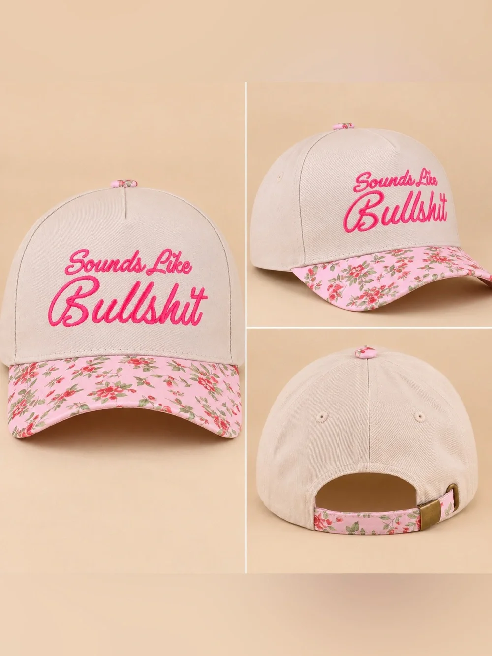 Zenana Sounds Like Bullsh*t Novelty Baseball Hat Pink Floral